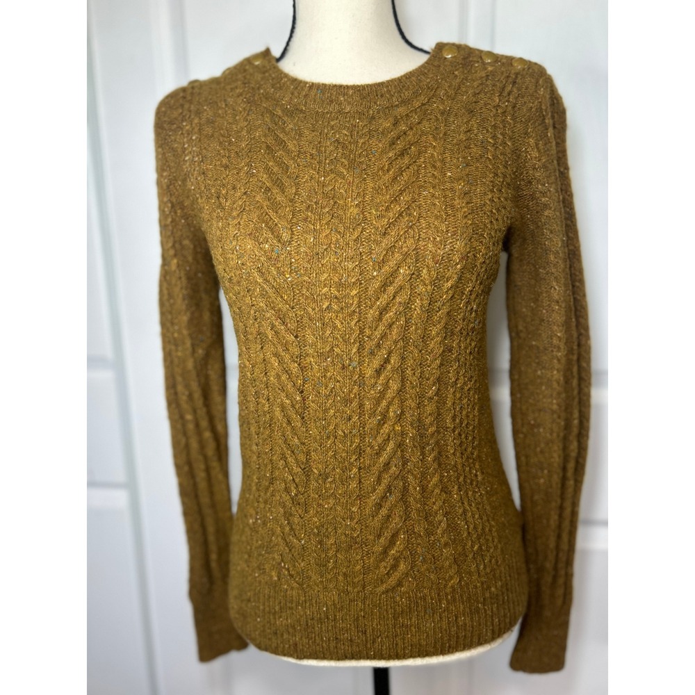 J.Crew Lambswool Cable Knit Sweater Brown Donegal Speckled‎ Button Shoulder XS